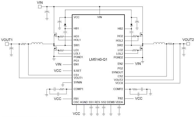 回路図 - Texas Instruments LM5140-Q1デュアル低Iq同期バックコントローラ